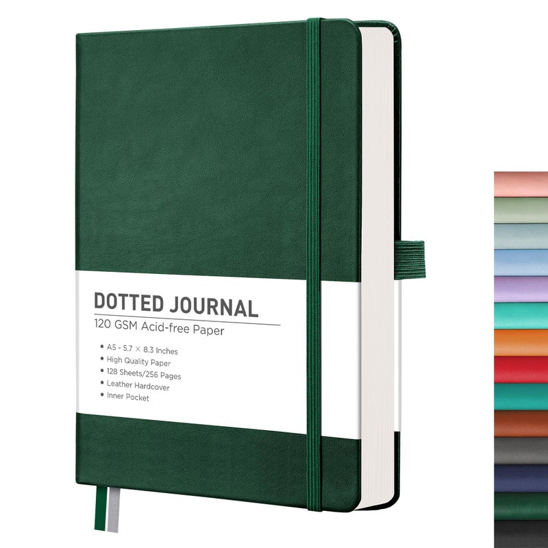RETTACY Bullet Dotted Journal Notebook, 256 Pages, A5 Medium Size (5.7'' Ã— 8.3''), Leather Hardcover, 120 GSM Thick Paper, for Bullet Journaling, Planning, Tracking (Dark Green) - Image 1